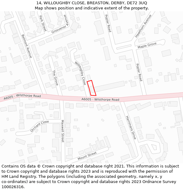 14, WILLOUGHBY CLOSE, BREASTON, DERBY, DE72 3UQ: Location map and indicative extent of plot