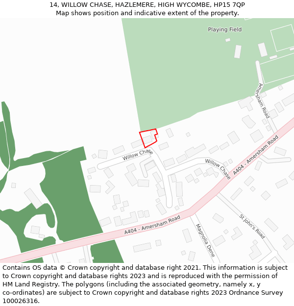 14, WILLOW CHASE, HAZLEMERE, HIGH WYCOMBE, HP15 7QP: Location map and indicative extent of plot