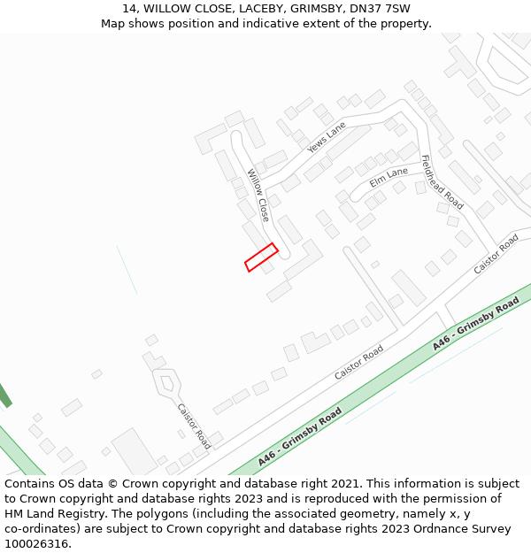 14, WILLOW CLOSE, LACEBY, GRIMSBY, DN37 7SW: Location map and indicative extent of plot