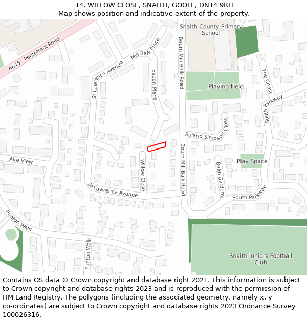 14, WILLOW CLOSE, SNAITH, GOOLE, DN14 9RH: Location map and indicative extent of plot