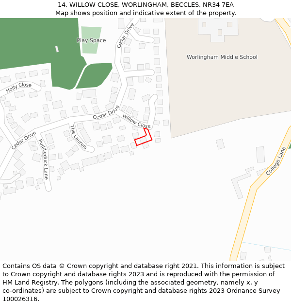 14, WILLOW CLOSE, WORLINGHAM, BECCLES, NR34 7EA: Location map and indicative extent of plot