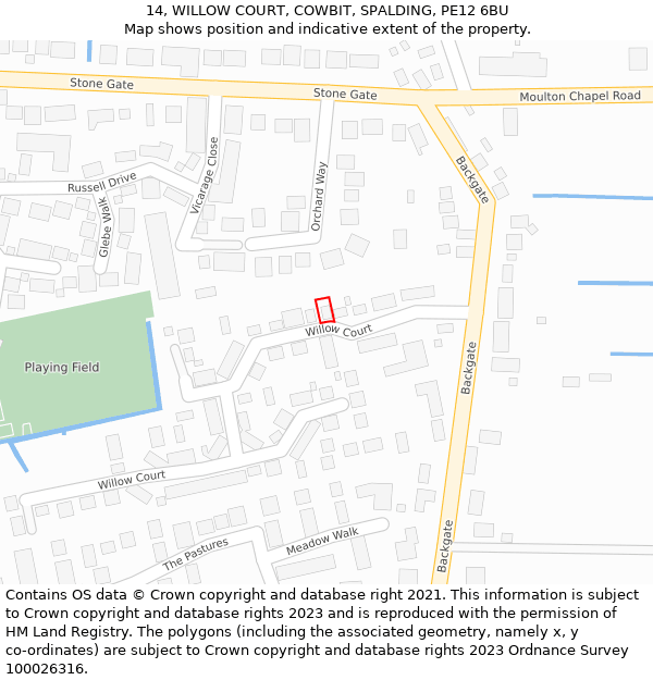 14, WILLOW COURT, COWBIT, SPALDING, PE12 6BU: Location map and indicative extent of plot