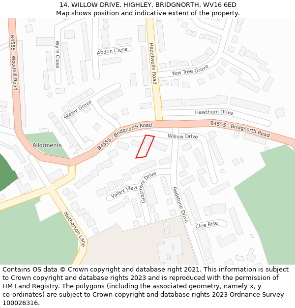 14, WILLOW DRIVE, HIGHLEY, BRIDGNORTH, WV16 6ED: Location map and indicative extent of plot