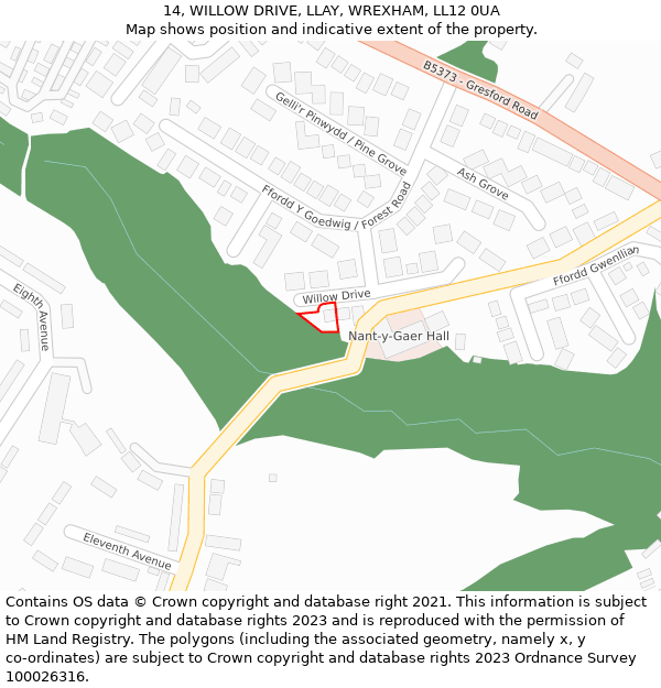 14, WILLOW DRIVE, LLAY, WREXHAM, LL12 0UA: Location map and indicative extent of plot