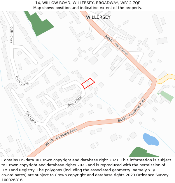 14, WILLOW ROAD, WILLERSEY, BROADWAY, WR12 7QE: Location map and indicative extent of plot