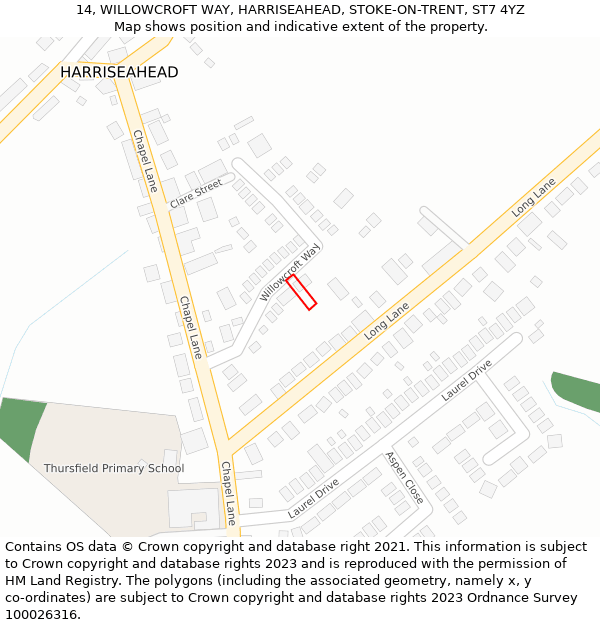 14, WILLOWCROFT WAY, HARRISEAHEAD, STOKE-ON-TRENT, ST7 4YZ: Location map and indicative extent of plot