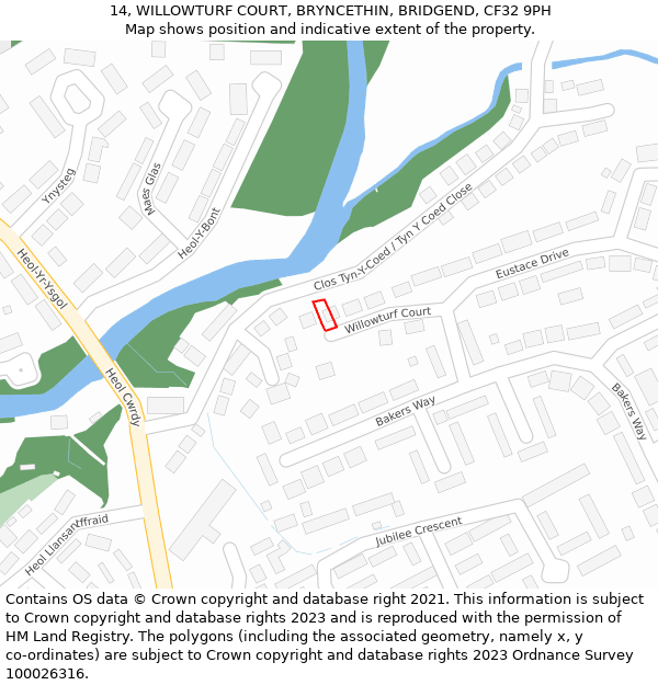 14, WILLOWTURF COURT, BRYNCETHIN, BRIDGEND, CF32 9PH: Location map and indicative extent of plot