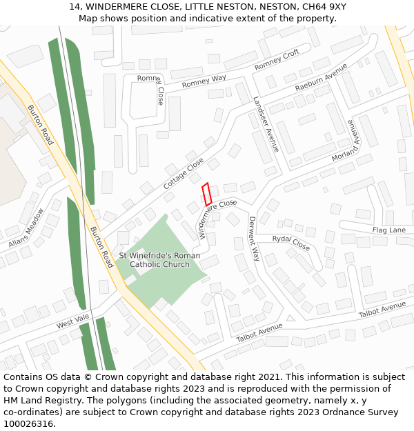 14, WINDERMERE CLOSE, LITTLE NESTON, NESTON, CH64 9XY: Location map and indicative extent of plot