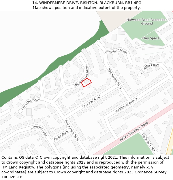 14, WINDERMERE DRIVE, RISHTON, BLACKBURN, BB1 4EG: Location map and indicative extent of plot
