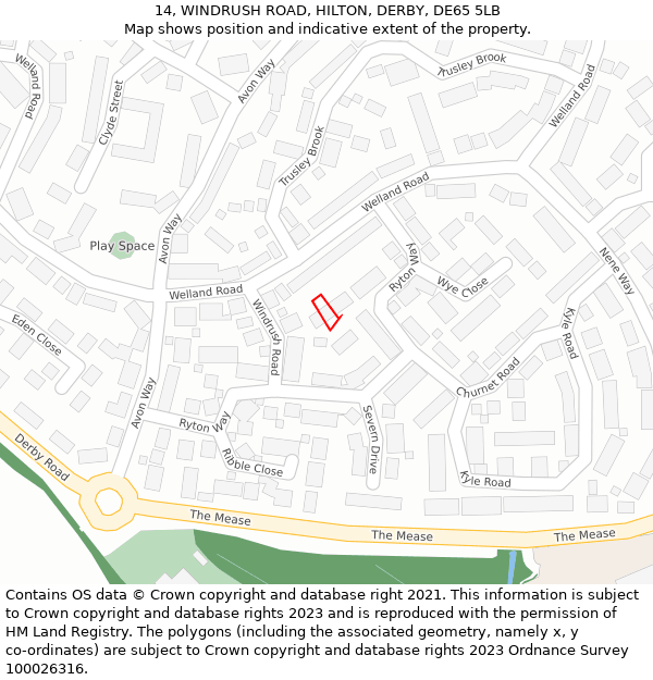 14, WINDRUSH ROAD, HILTON, DERBY, DE65 5LB: Location map and indicative extent of plot