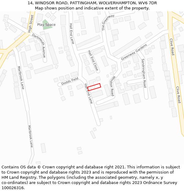 14, WINDSOR ROAD, PATTINGHAM, WOLVERHAMPTON, WV6 7DR: Location map and indicative extent of plot