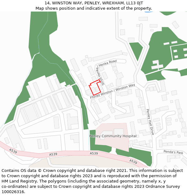 14, WINSTON WAY, PENLEY, WREXHAM, LL13 0JT: Location map and indicative extent of plot