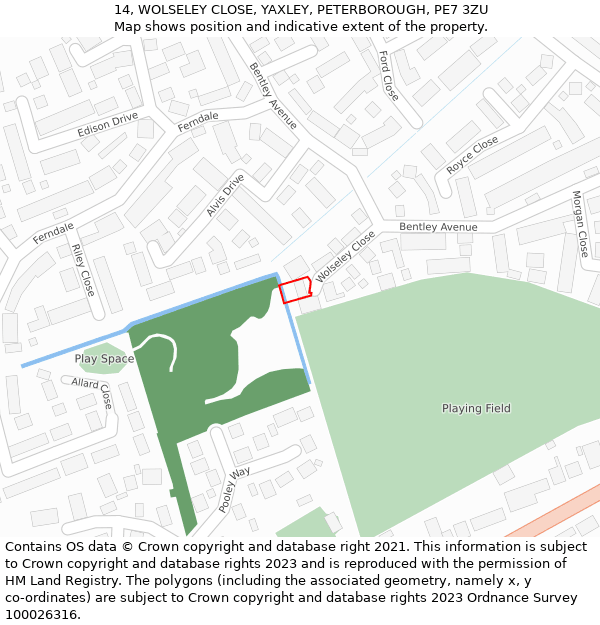 14, WOLSELEY CLOSE, YAXLEY, PETERBOROUGH, PE7 3ZU: Location map and indicative extent of plot