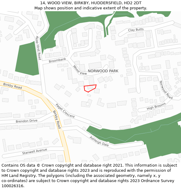 14, WOOD VIEW, BIRKBY, HUDDERSFIELD, HD2 2DT: Location map and indicative extent of plot