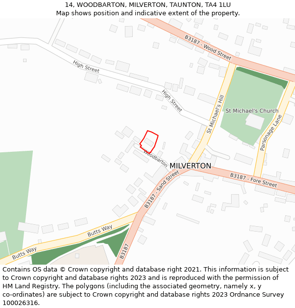 14, WOODBARTON, MILVERTON, TAUNTON, TA4 1LU: Location map and indicative extent of plot