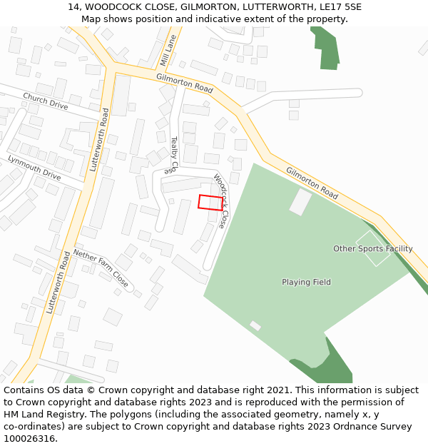 14, WOODCOCK CLOSE, GILMORTON, LUTTERWORTH, LE17 5SE: Location map and indicative extent of plot