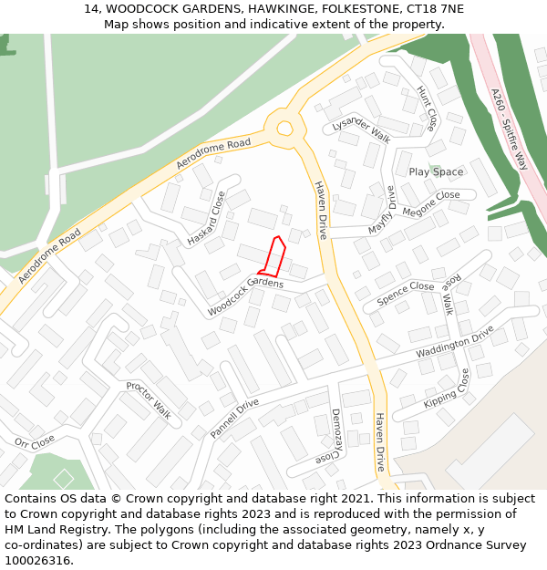 14, WOODCOCK GARDENS, HAWKINGE, FOLKESTONE, CT18 7NE: Location map and indicative extent of plot