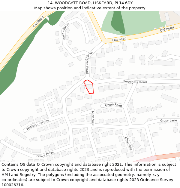 14, WOODGATE ROAD, LISKEARD, PL14 6DY: Location map and indicative extent of plot
