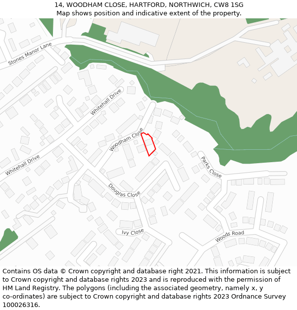 14, WOODHAM CLOSE, HARTFORD, NORTHWICH, CW8 1SG: Location map and indicative extent of plot