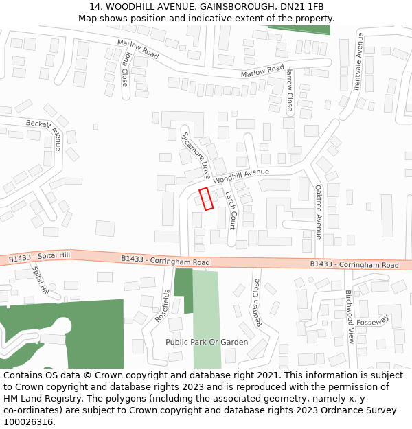 14, WOODHILL AVENUE, GAINSBOROUGH, DN21 1FB: Location map and indicative extent of plot