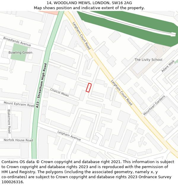 14, WOODLAND MEWS, LONDON, SW16 2AG: Location map and indicative extent of plot