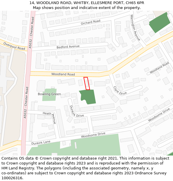 14, WOODLAND ROAD, WHITBY, ELLESMERE PORT, CH65 6PR: Location map and indicative extent of plot