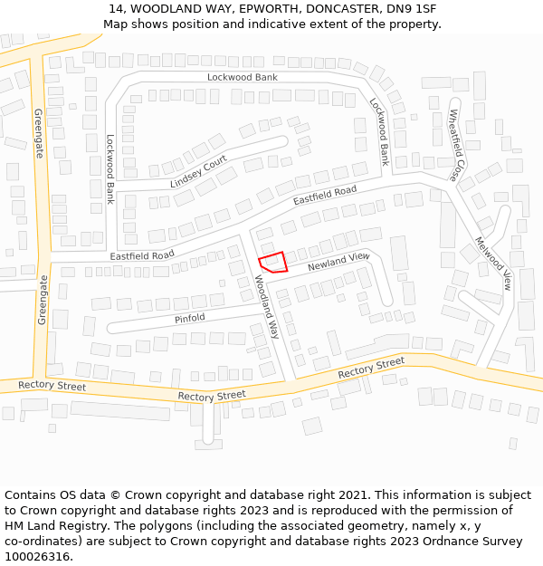 14, WOODLAND WAY, EPWORTH, DONCASTER, DN9 1SF: Location map and indicative extent of plot