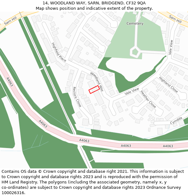 14, WOODLAND WAY, SARN, BRIDGEND, CF32 9QA: Location map and indicative extent of plot