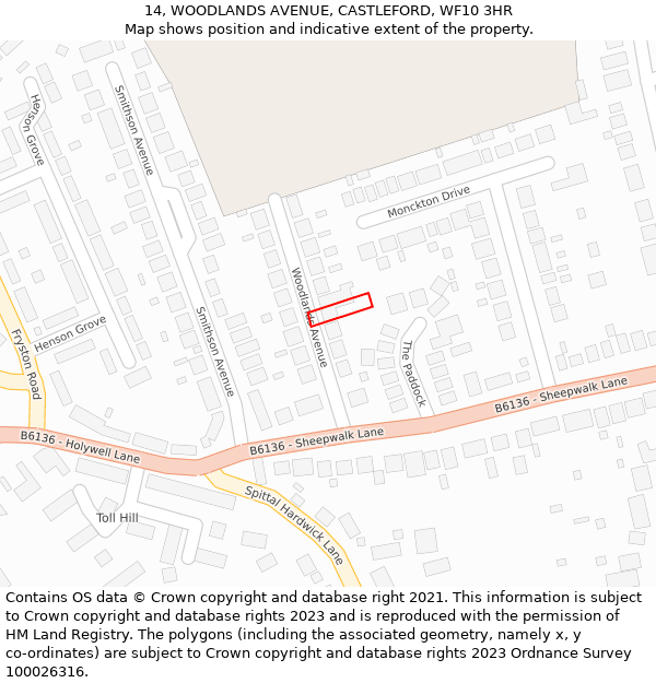 14, WOODLANDS AVENUE, CASTLEFORD, WF10 3HR: Location map and indicative extent of plot