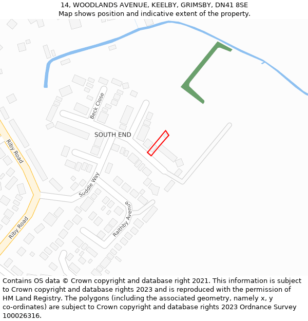 14, WOODLANDS AVENUE, KEELBY, GRIMSBY, DN41 8SE: Location map and indicative extent of plot