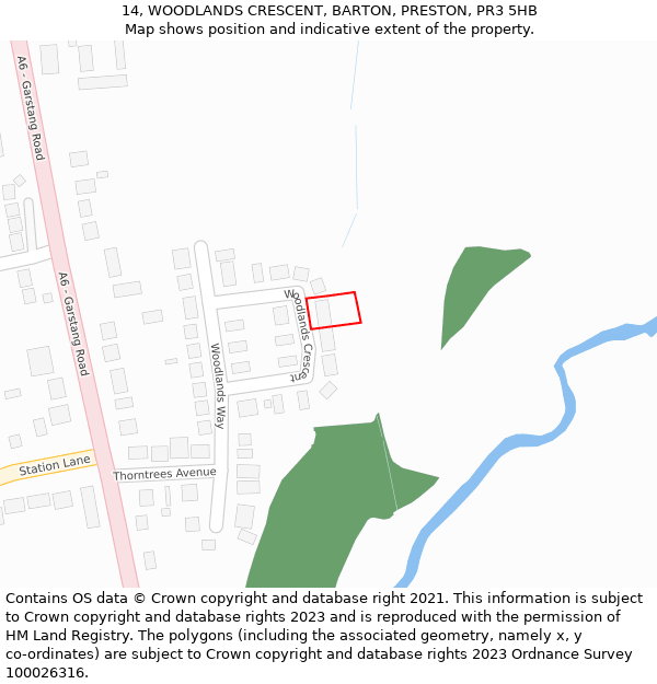 14, WOODLANDS CRESCENT, BARTON, PRESTON, PR3 5HB: Location map and indicative extent of plot