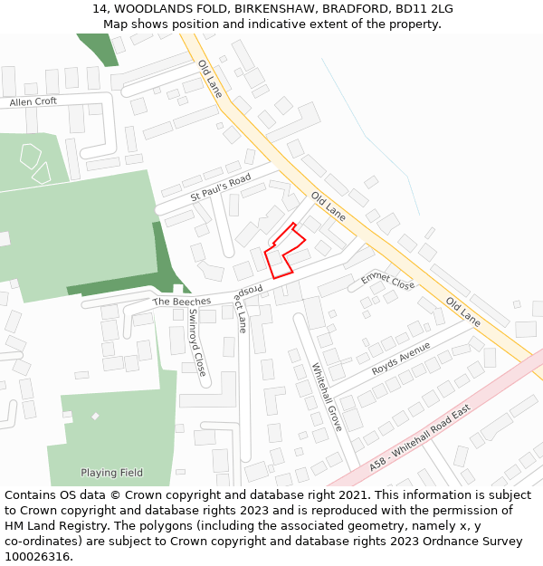 14, WOODLANDS FOLD, BIRKENSHAW, BRADFORD, BD11 2LG: Location map and indicative extent of plot