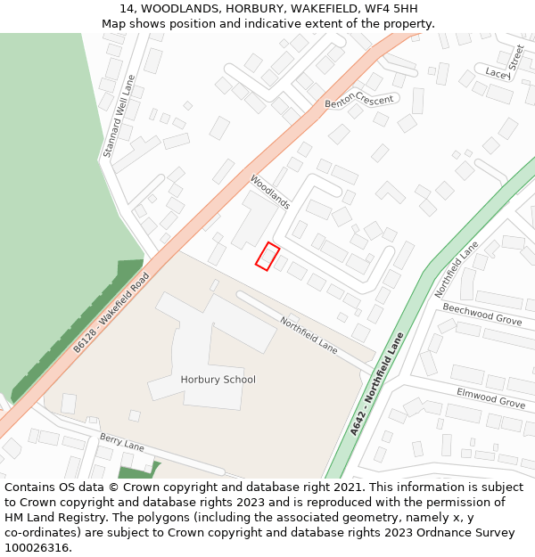 14, WOODLANDS, HORBURY, WAKEFIELD, WF4 5HH: Location map and indicative extent of plot