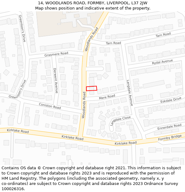 14, WOODLANDS ROAD, FORMBY, LIVERPOOL, L37 2JW: Location map and indicative extent of plot