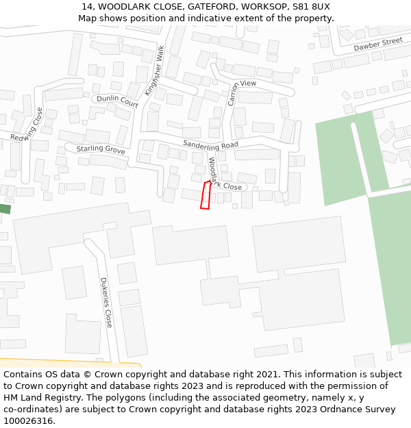 14, WOODLARK CLOSE, GATEFORD, WORKSOP, S81 8UX: Location map and indicative extent of plot