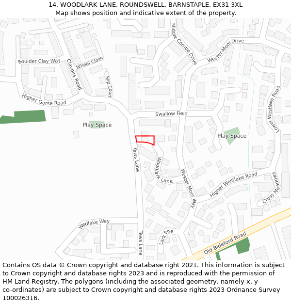 14, WOODLARK LANE, ROUNDSWELL, BARNSTAPLE, EX31 3XL: Location map and indicative extent of plot