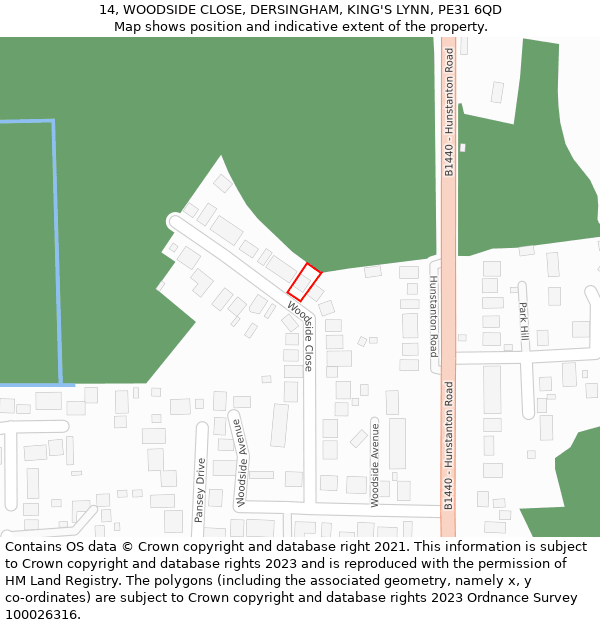 14, WOODSIDE CLOSE, DERSINGHAM, KING'S LYNN, PE31 6QD: Location map and indicative extent of plot