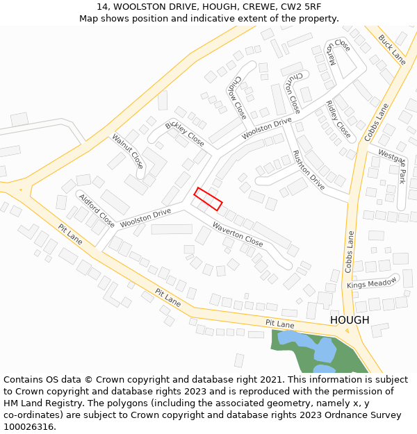 14, WOOLSTON DRIVE, HOUGH, CREWE, CW2 5RF: Location map and indicative extent of plot