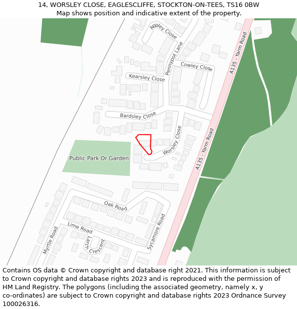 14, WORSLEY CLOSE, EAGLESCLIFFE, STOCKTON-ON-TEES, TS16 0BW: Location map and indicative extent of plot