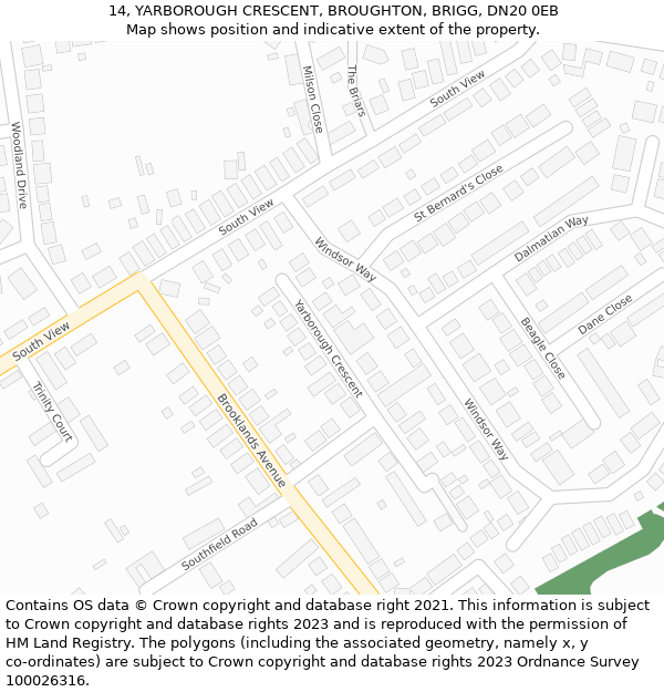 14, YARBOROUGH CRESCENT, BROUGHTON, BRIGG, DN20 0EB: Location map and indicative extent of plot