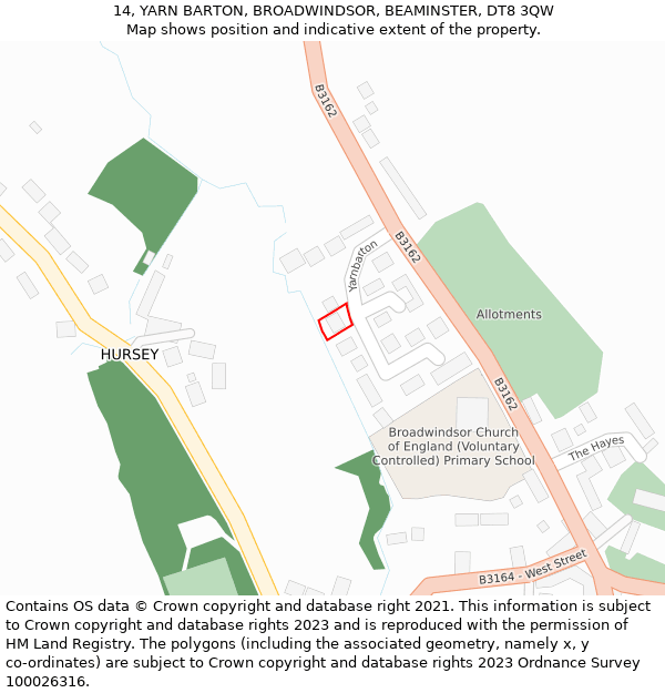 14, YARN BARTON, BROADWINDSOR, BEAMINSTER, DT8 3QW: Location map and indicative extent of plot