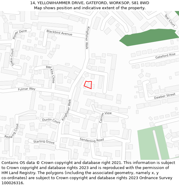 14, YELLOWHAMMER DRIVE, GATEFORD, WORKSOP, S81 8WD: Location map and indicative extent of plot