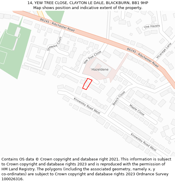 14, YEW TREE CLOSE, CLAYTON LE DALE, BLACKBURN, BB1 9HP: Location map and indicative extent of plot