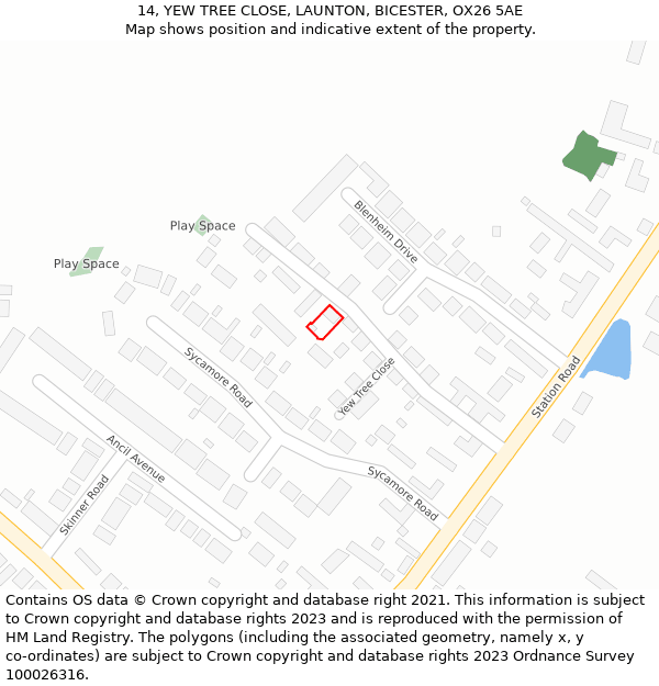 14, YEW TREE CLOSE, LAUNTON, BICESTER, OX26 5AE: Location map and indicative extent of plot