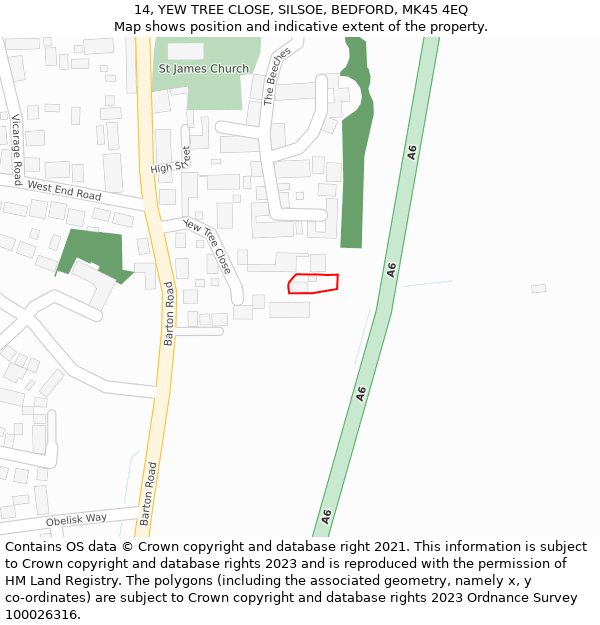 14, YEW TREE CLOSE, SILSOE, BEDFORD, MK45 4EQ: Location map and indicative extent of plot