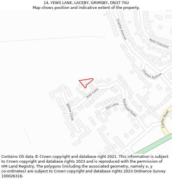 14, YEWS LANE, LACEBY, GRIMSBY, DN37 7SU: Location map and indicative extent of plot