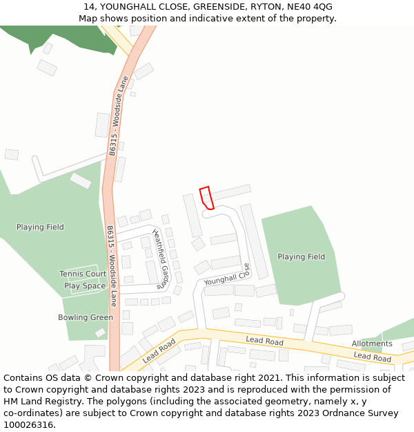 14, YOUNGHALL CLOSE, GREENSIDE, RYTON, NE40 4QG: Location map and indicative extent of plot