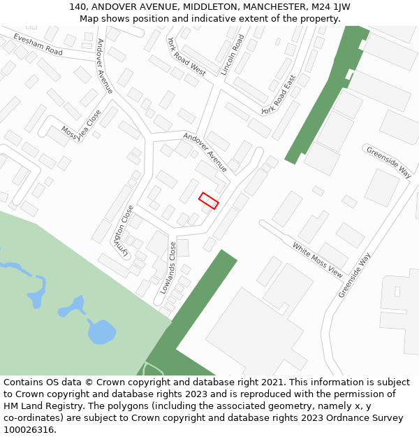 140, ANDOVER AVENUE, MIDDLETON, MANCHESTER, M24 1JW: Location map and indicative extent of plot