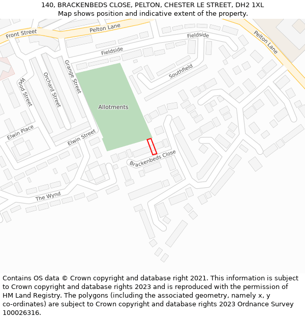 140, BRACKENBEDS CLOSE, PELTON, CHESTER LE STREET, DH2 1XL: Location map and indicative extent of plot