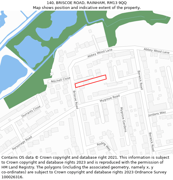 140, BRISCOE ROAD, RAINHAM, RM13 9QQ: Location map and indicative extent of plot